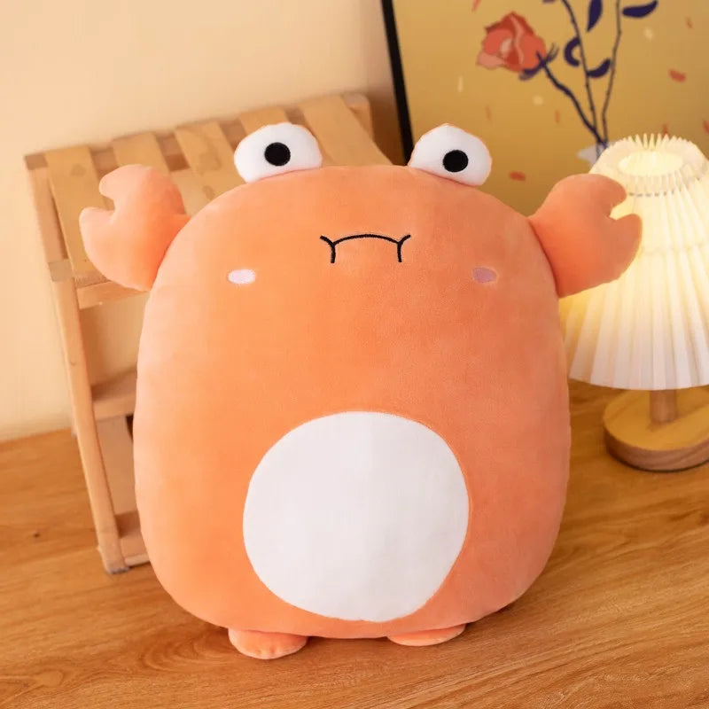 Kawaii plush toy with a cartoonish face on a wooden surface