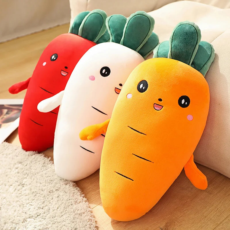 Three kawaii plush toys shaped like carrots on a wooden surface.