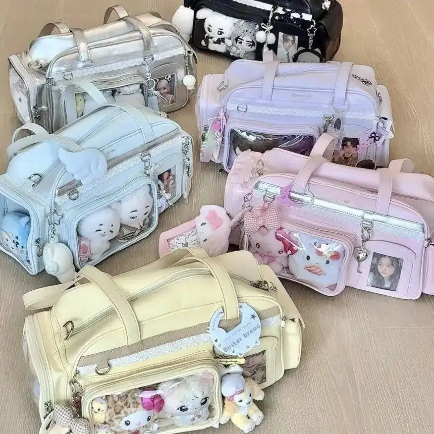 Collection of small Kawaii bags with cute designs on a beige surface