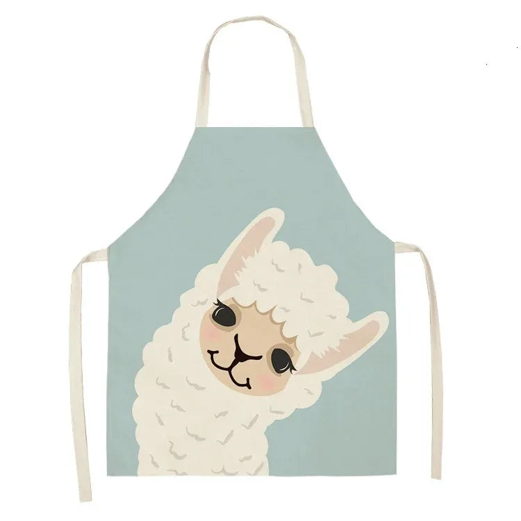 Children's apron with a Kawaii cartoon llama design on a light blue background