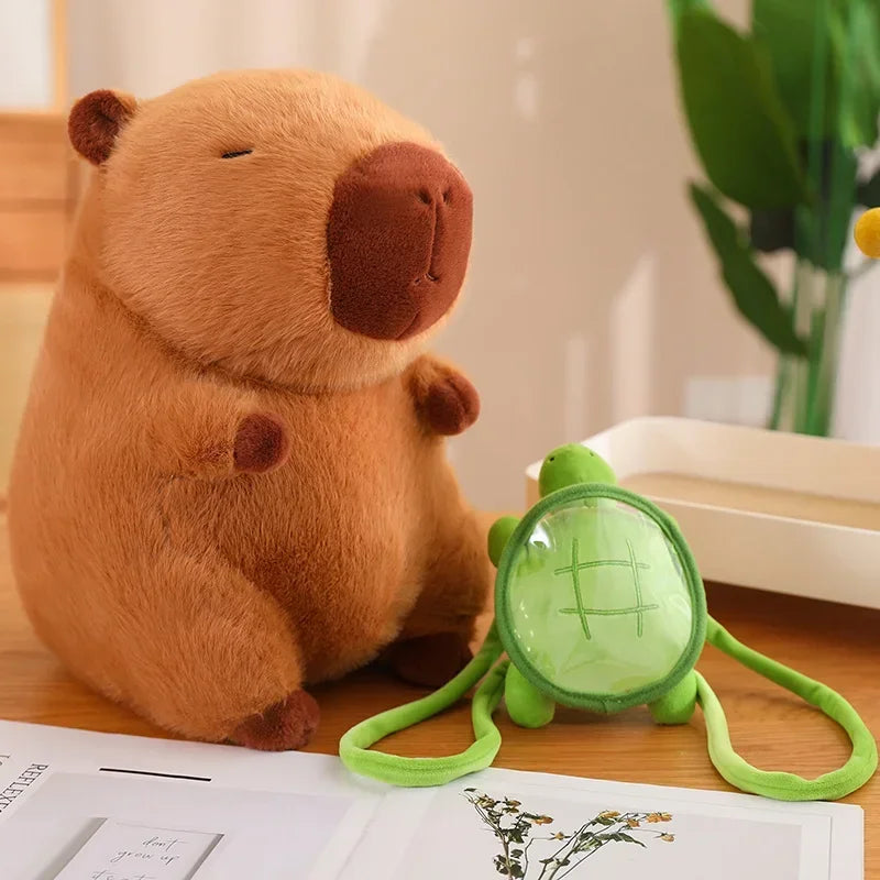 Kawaii plush bear toy with a green turtle toy on a wooden surface