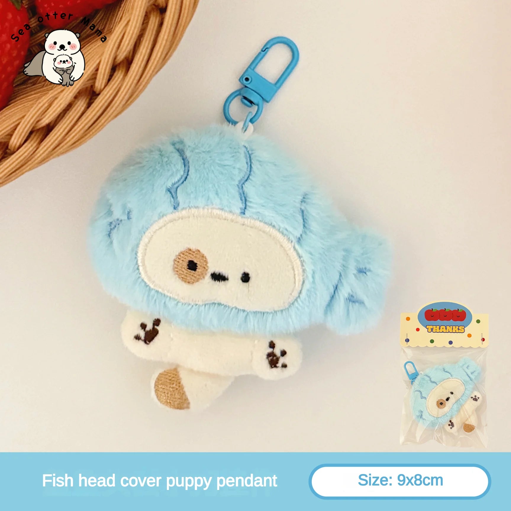 Fish head cover kawaii puppy pendant with blue strap on a light background