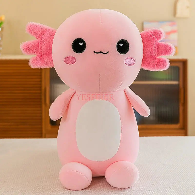 Pink axolotl kawaii plush toy with black eyes and pink gills on a light background