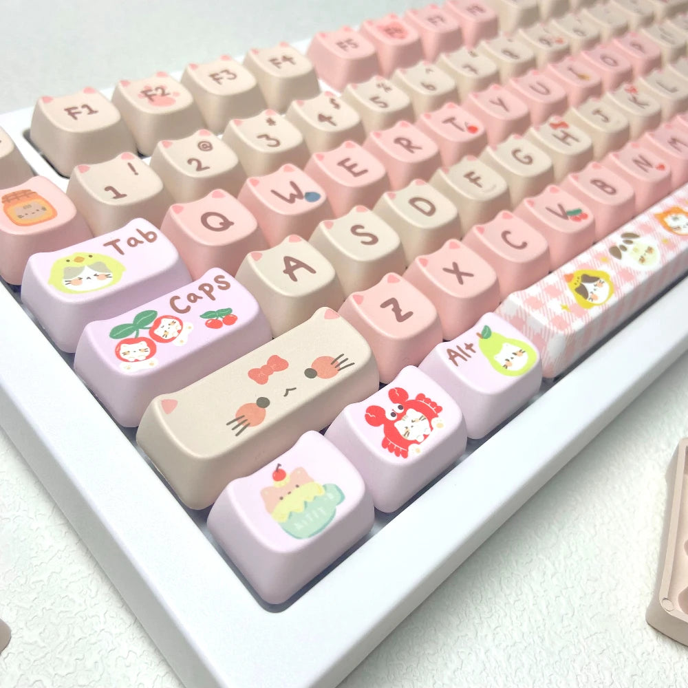 Kawaii keyboard with cute, cartoon-style keycaps on a light background