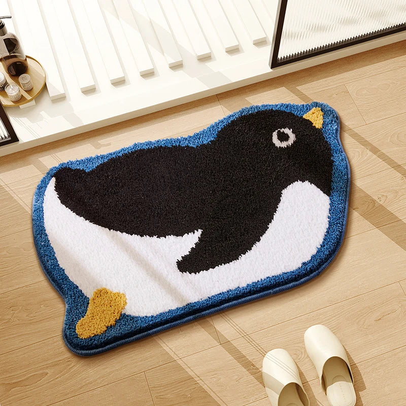 Penguin-shaped kawaii rug on a wooden floor with a window in the background