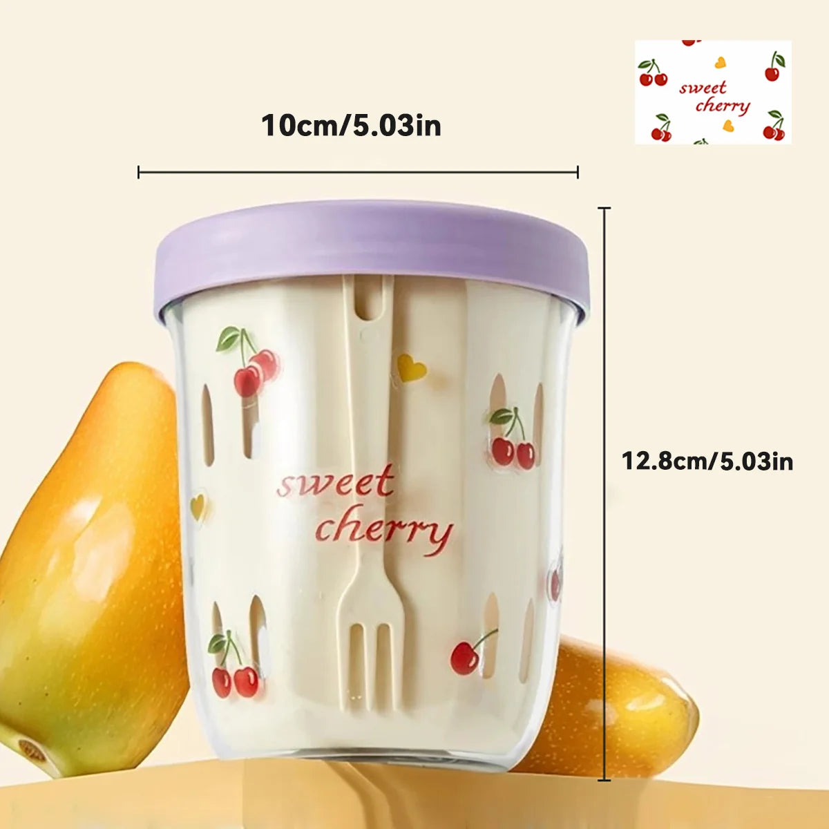 Measurement chart of a container with Kawaii 'sweet cherry' branding on a beige background
