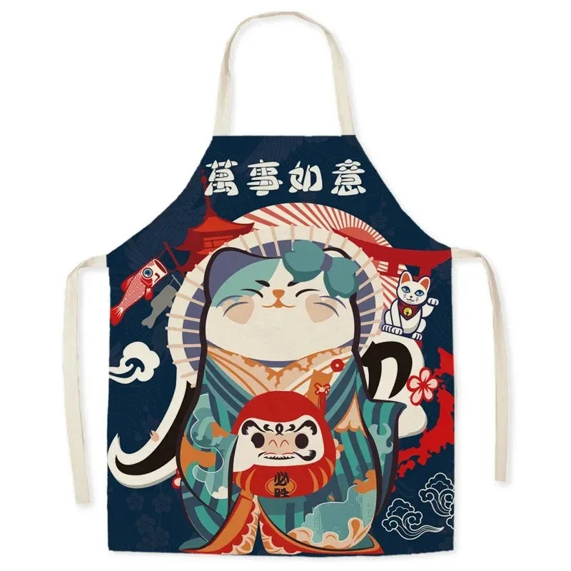 Colorful apron with Japanese-themed Kawaii design featuring a cat and text on a white background