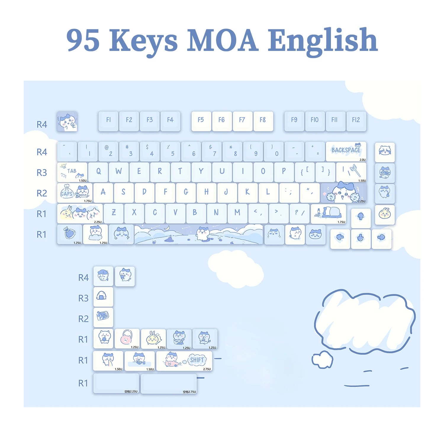 Keyboard layout with Kawaii cartoon character keys on a light blue background