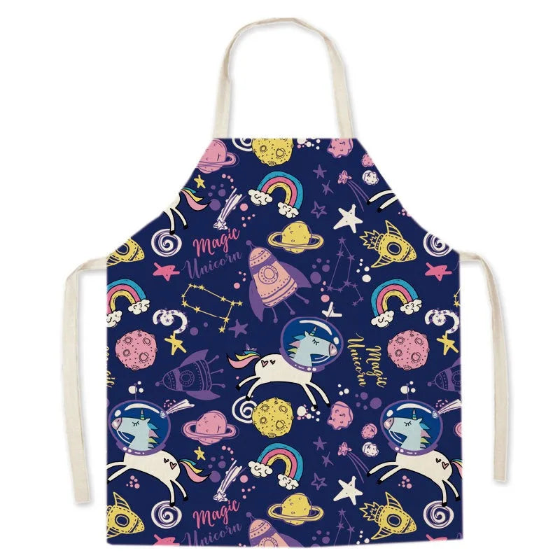 Children's Kawaii apron with space-themed unicorn design on a blue background