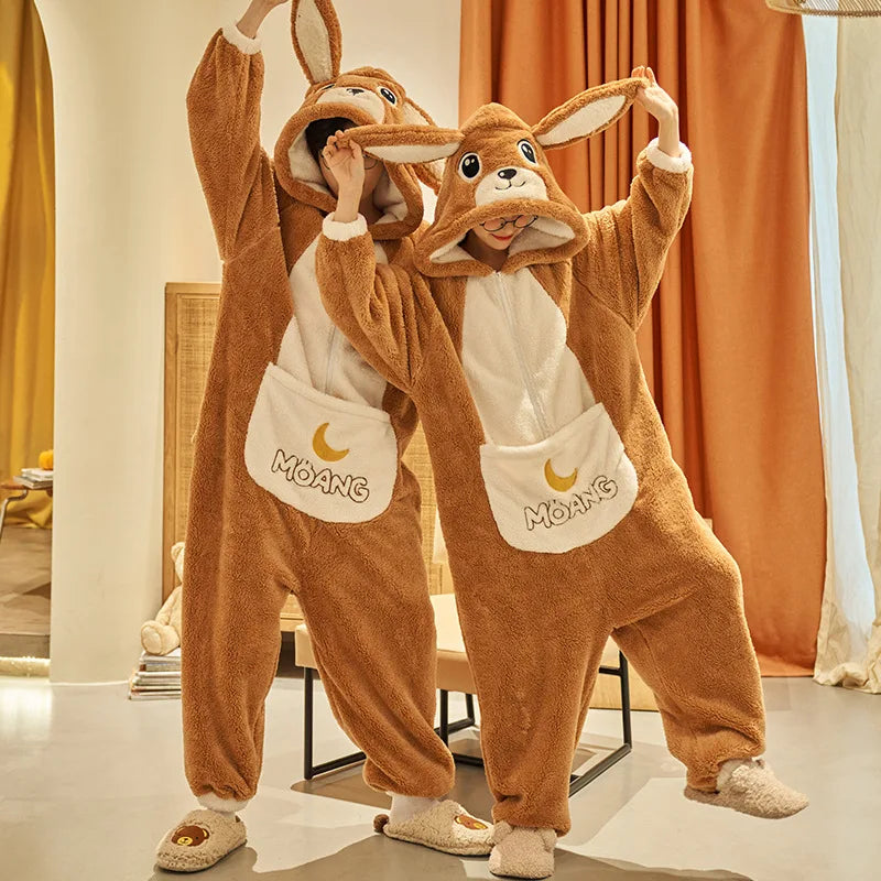 Two people wearing brown kawaii kangaroo-themed onesies with 'MOANG' branding in a room.