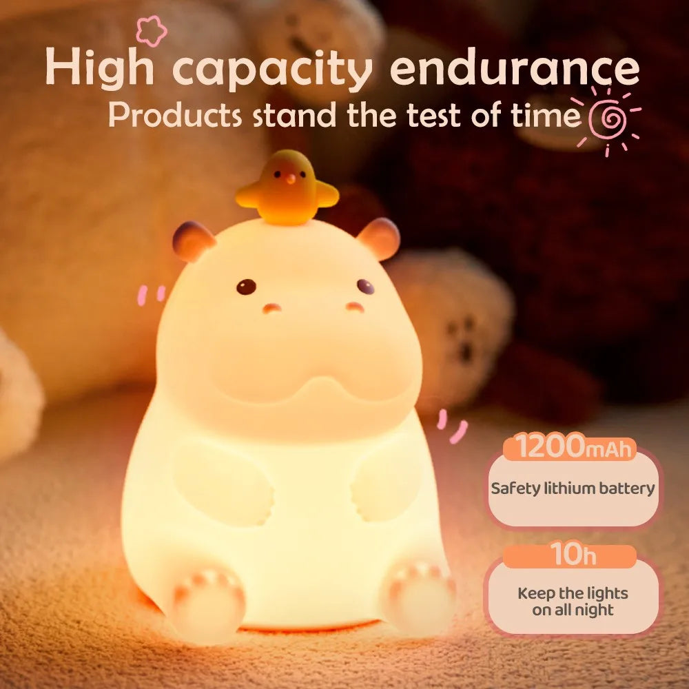 Cute kawaii animal-shaped night light with text highlighting high capacity endurance and battery details.