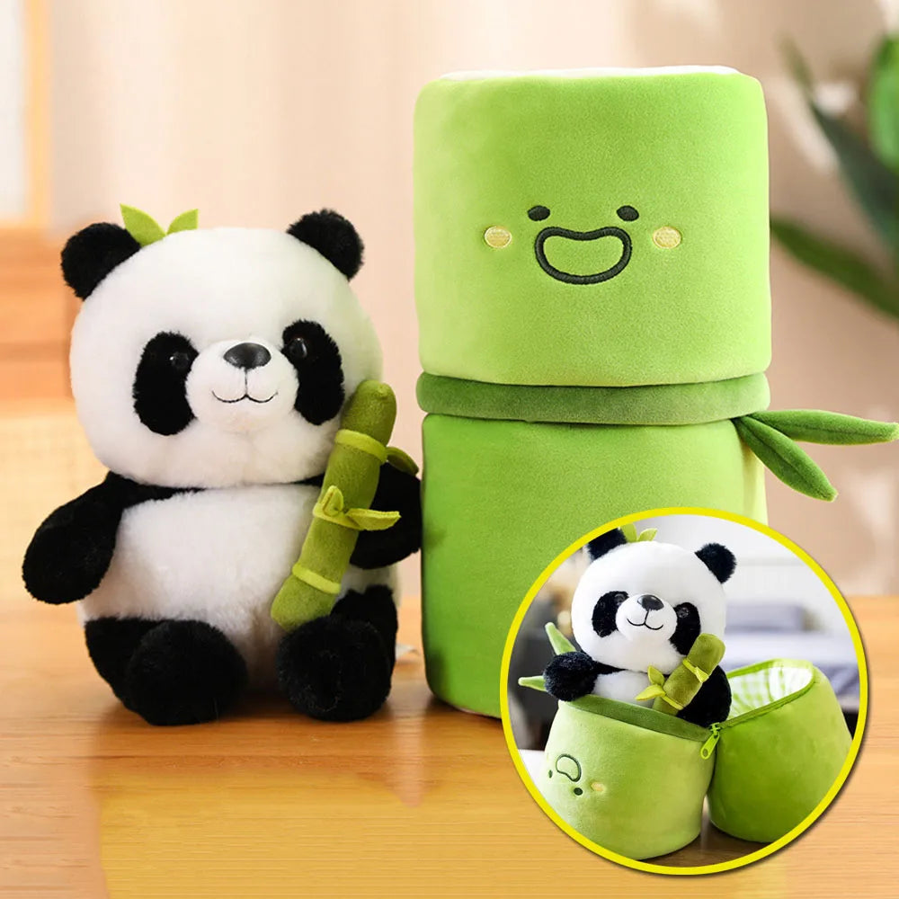 Plush kawaii panda toy with green pouch on a wooden surface