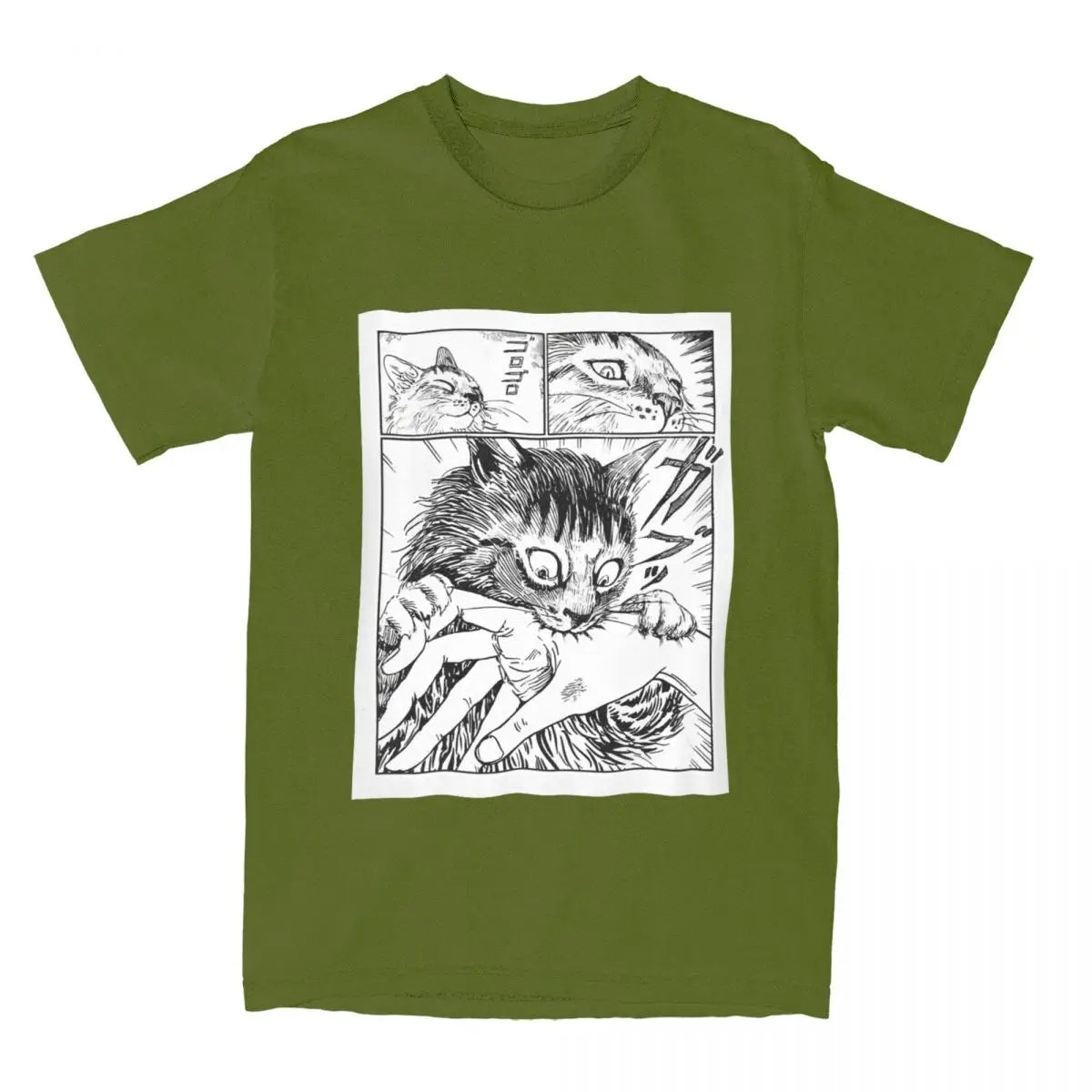 Green t-shirt with a graphic of a kawaii cat in comic book style on a white background