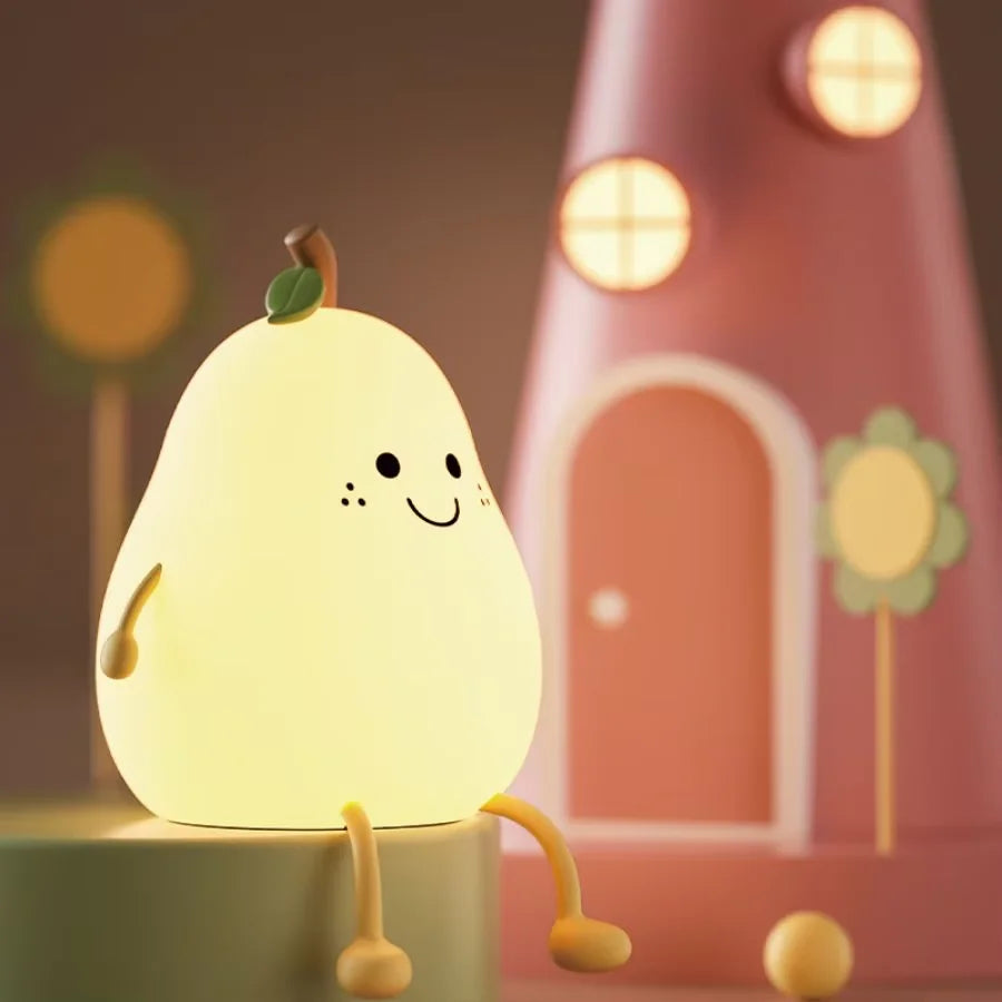 Pear-shaped kawaii night light with a smiling face in a whimsical setting