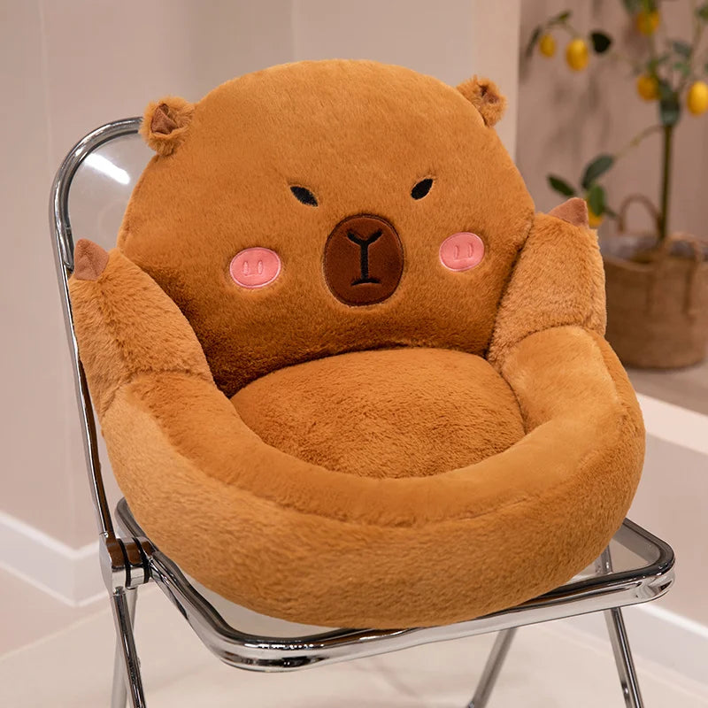 Kawaii plush bear-shaped chair on a chair with a neutral background