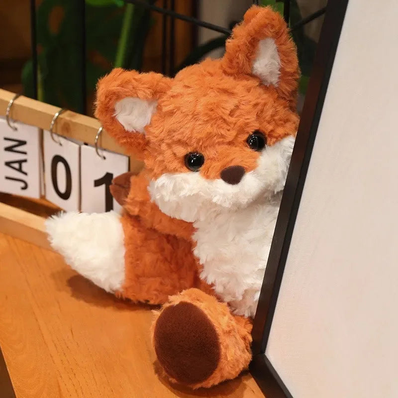 Plush fox kawaii toy on a wooden surface with a calendar in the background