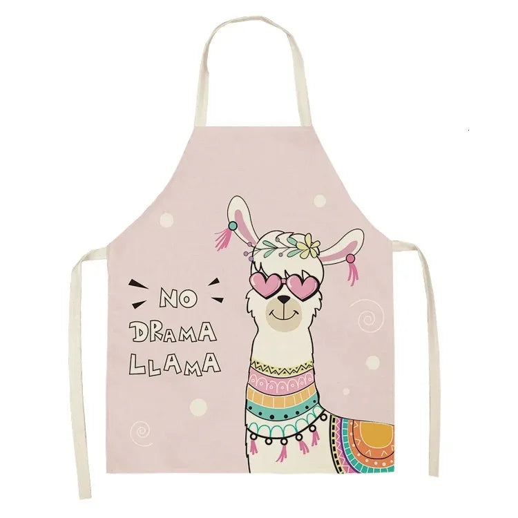 Apron with a llama Kawaii design and 'No Drama Llama' text on a pink background