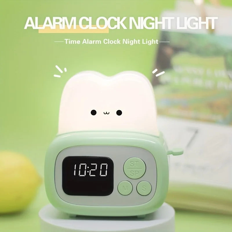 Cute kawaii alarm clock night light with a digital display on a green background