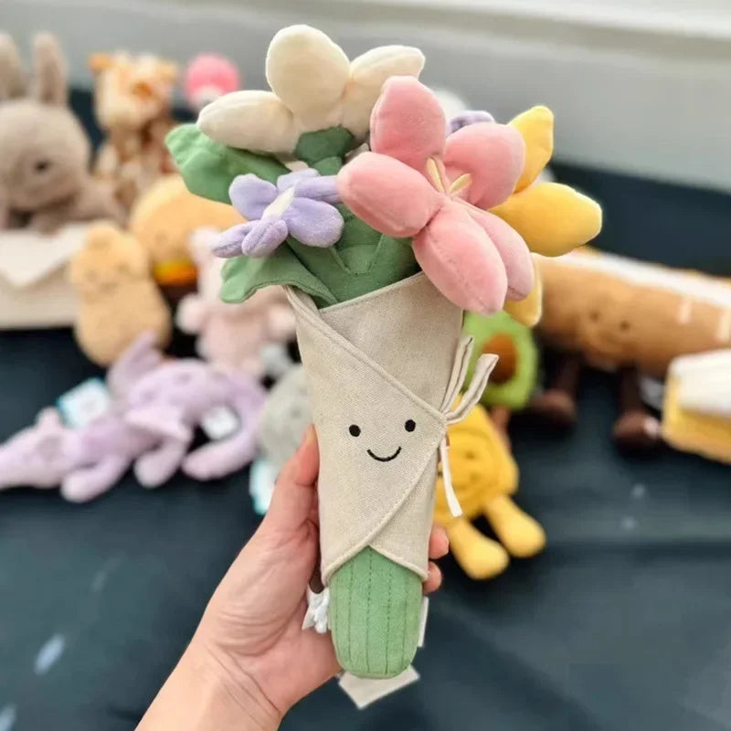 Hand holding a kawaii plush bouquet of flowers with a smiling face against a blurred background of toys.