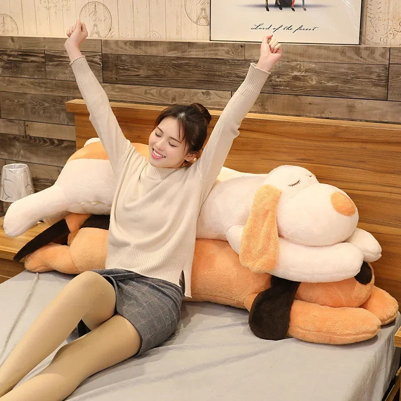 woman stretching next to two kawaii dog plush toys