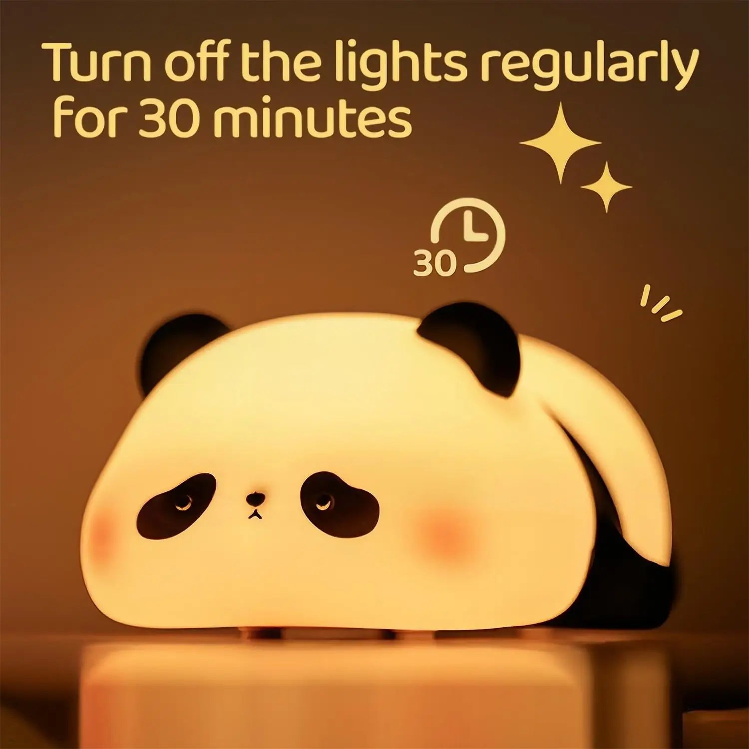 Panda-shaped kawaii night light with text on a brown background