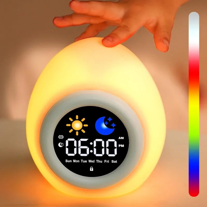 Kawaii style Digital clock with colorful display and hand interacting with it