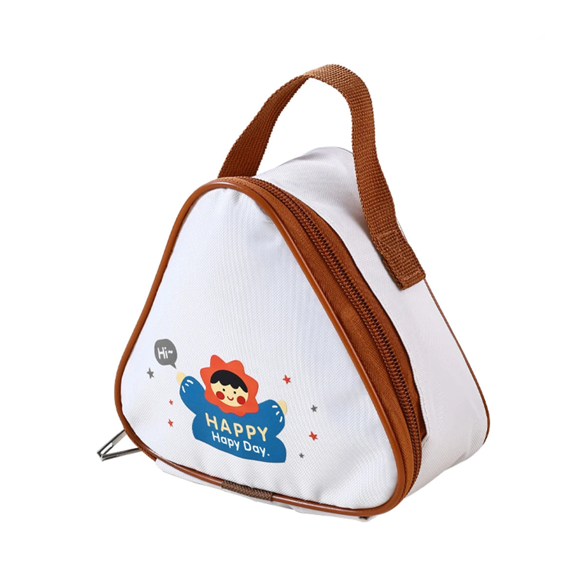 White triangular bag with brown handle and kawaii cartoon character, labeled 'Happy Day', with measurements on a white background.