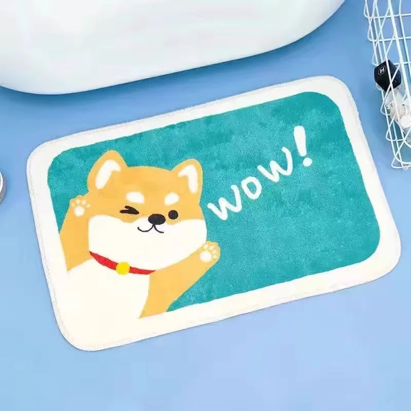 Cartoon Kawaii dog with 'WOW!' text on a teal background
