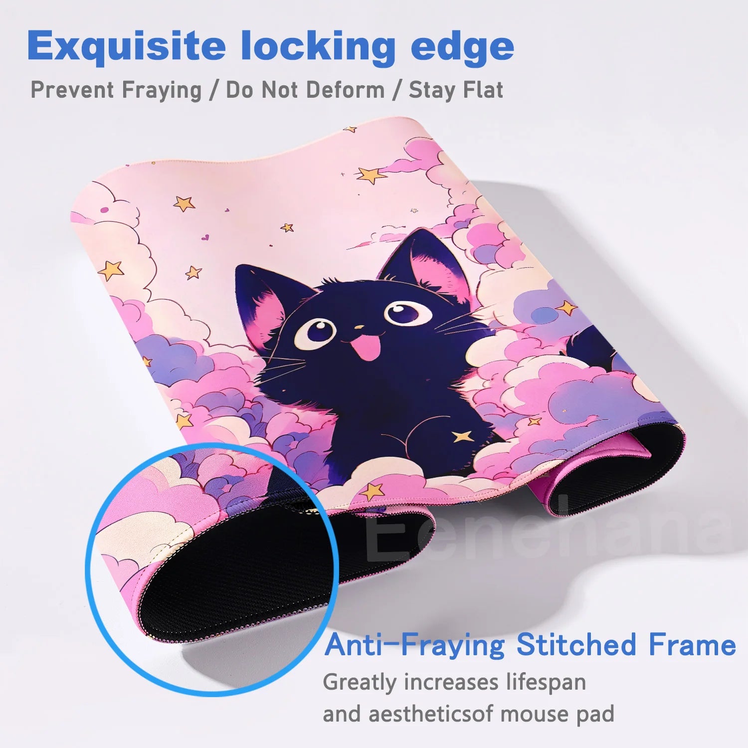 Mouse pad with a Kawaii black cat design on a pink background, featuring text about its locking edge and anti-fraying stitch.