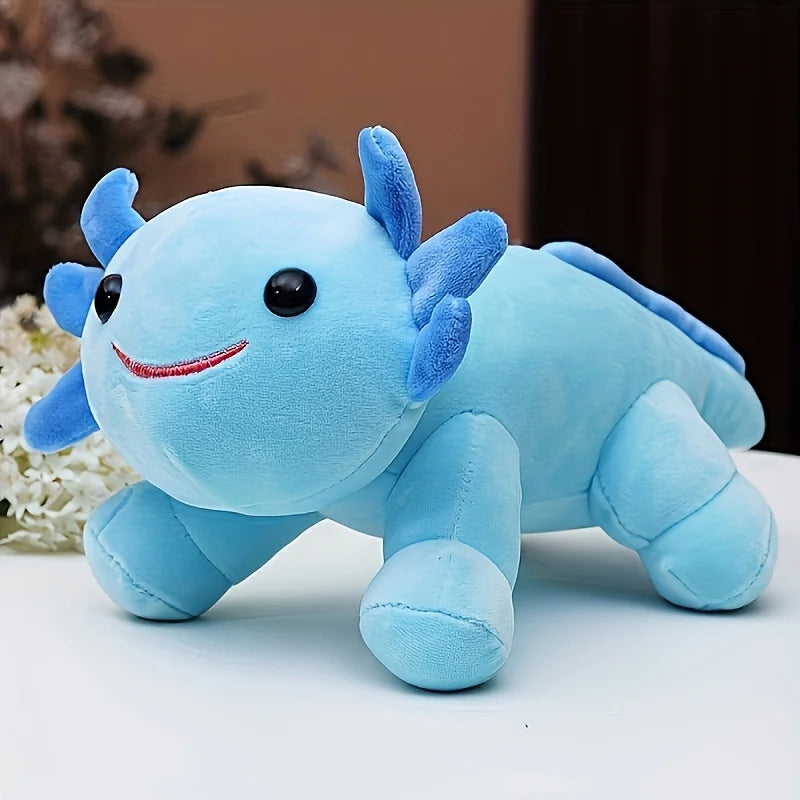 Blue kawaii plush toy dinosaur on a white surface with a blurred background