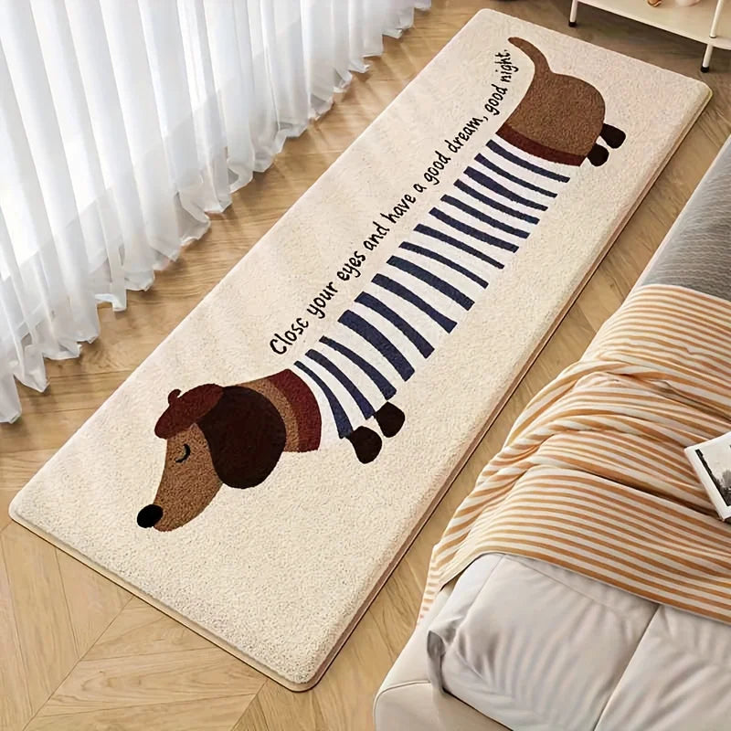 Decorative kawaii rug with cartoon dachshund design and text on a wooden floor.