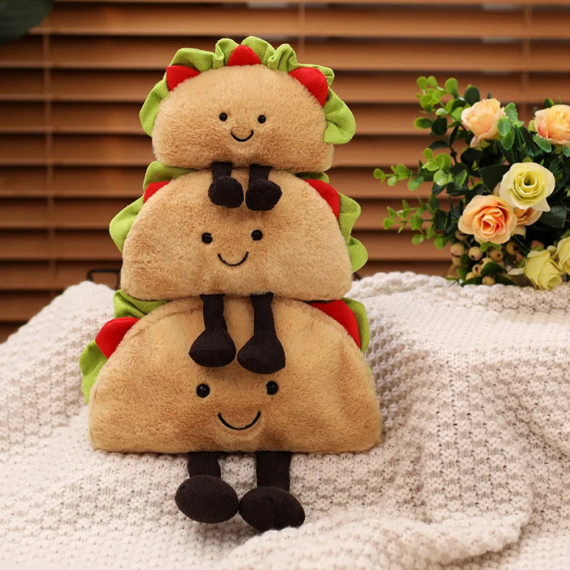 Stack of kawaii plush tortilla characters on a textured surface with flowers in the background