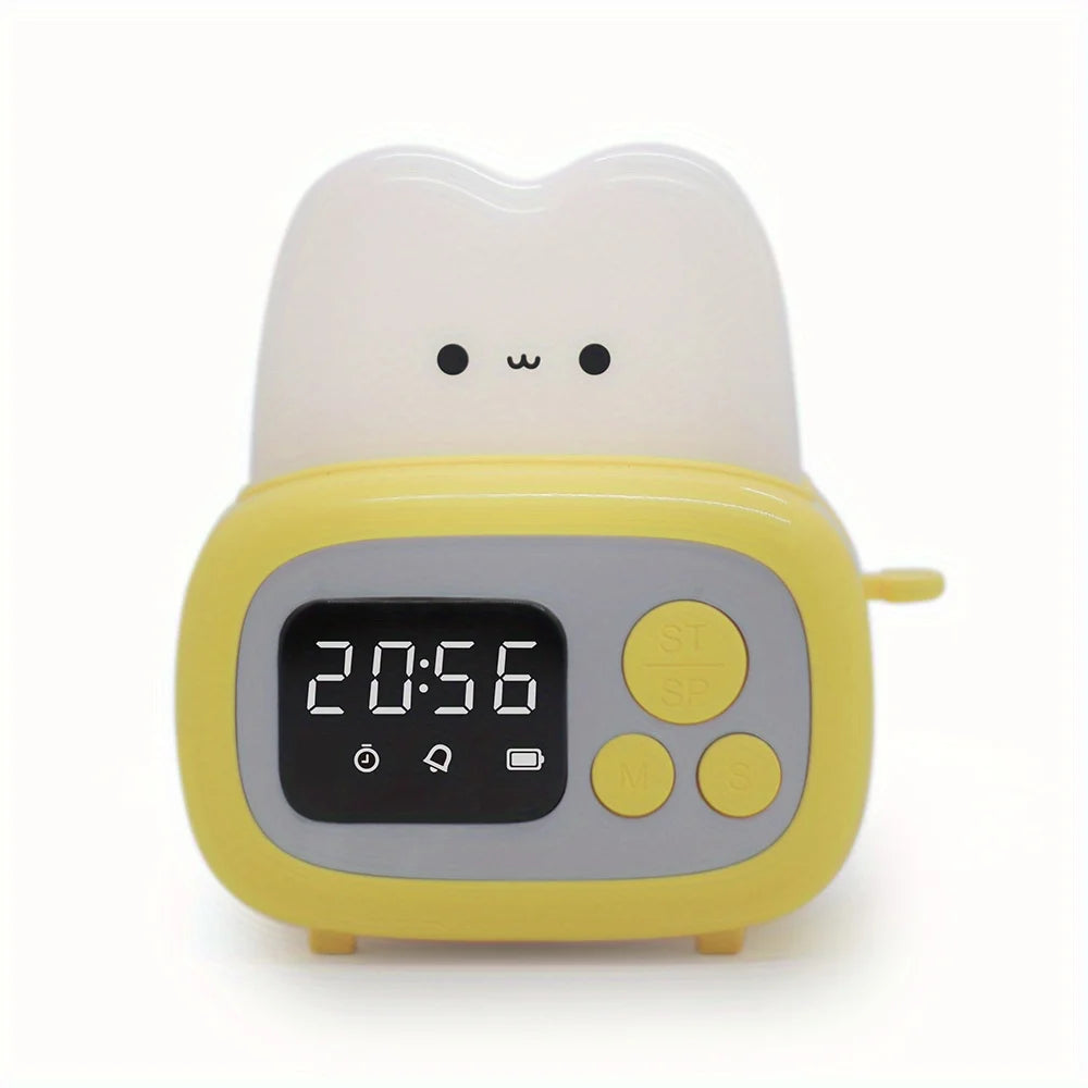 Yellow and gray kawaii clock with a cat-like design on a white background
