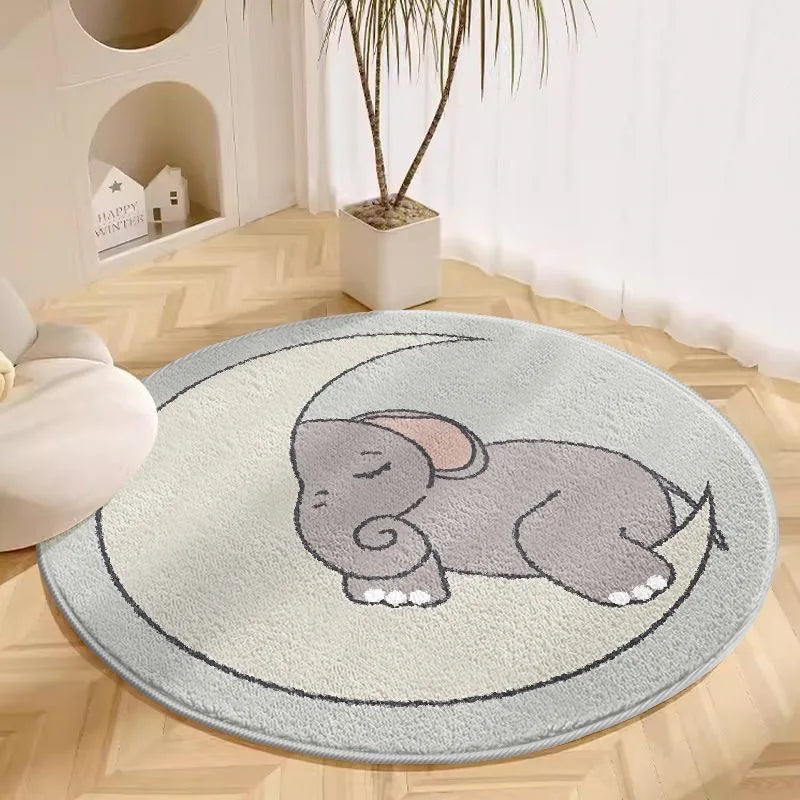 Round kawaii rug with a cartoon elephant design on a wooden floor.