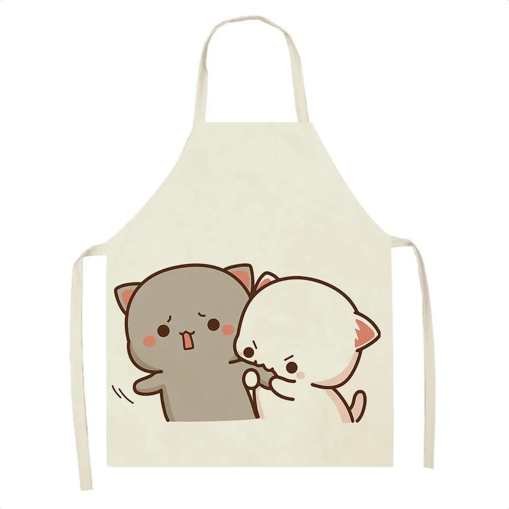 Beige apron with Kawaii cartoon cat design on a white background