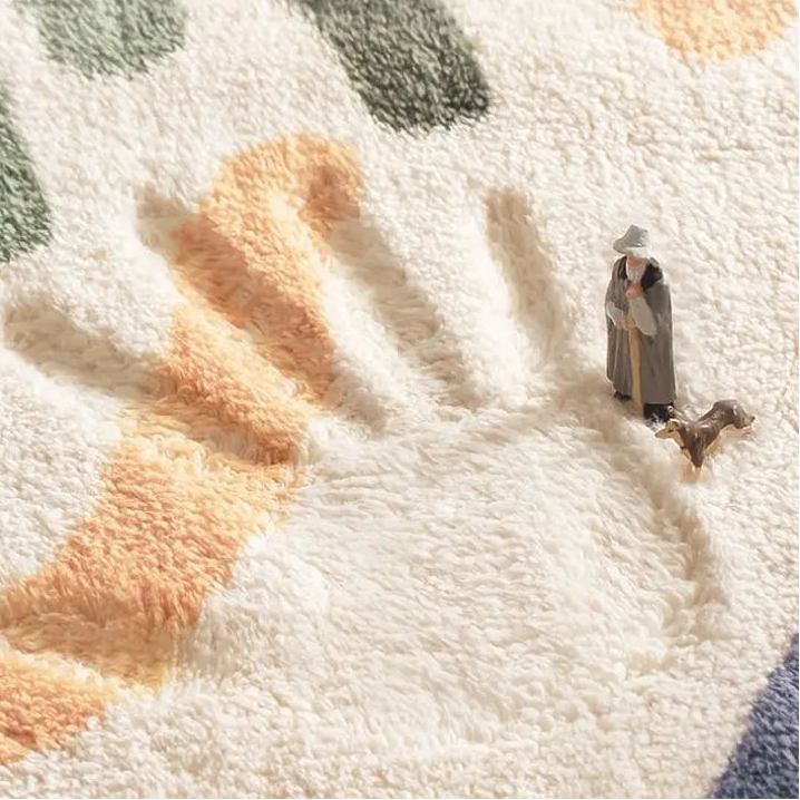 Small figurine of a person with a dog on a textured kawaii rug