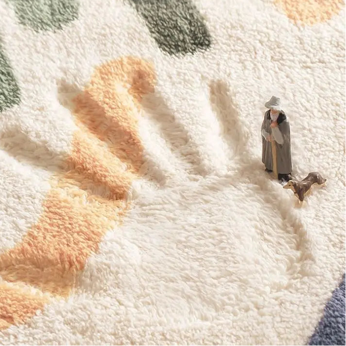 Small figurine of a person with a dog on a textured kawaii rug with 'Utopian Island' branding.
