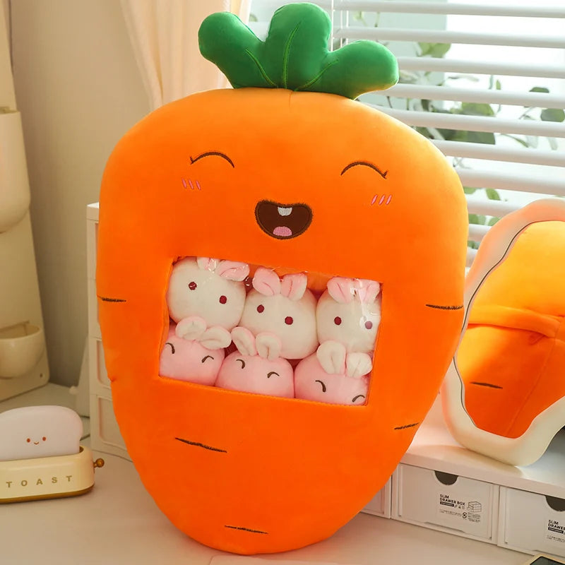 Carrot-shaped kawaii plush toy with small plush animals inside, on a light-colored surface.