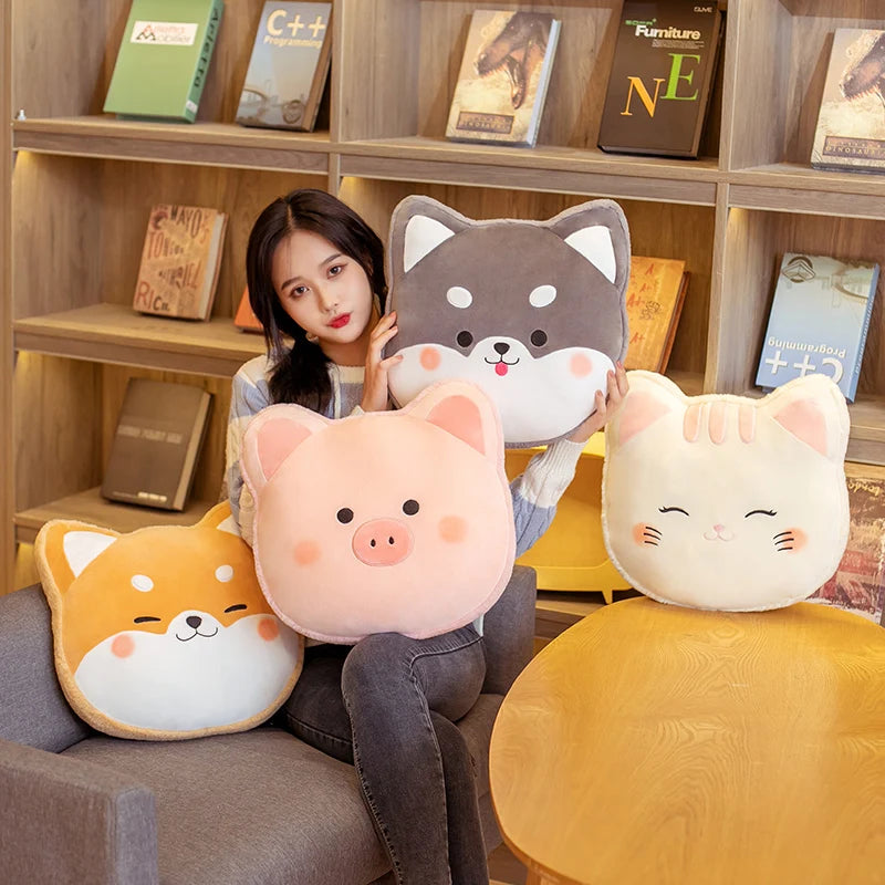 Woman holding kawaii plush toys in front of a bookshelf