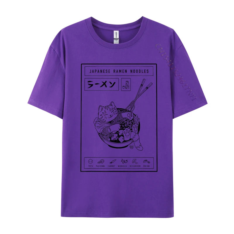 Purple t-shirt with black graphic kawaii design on a white background