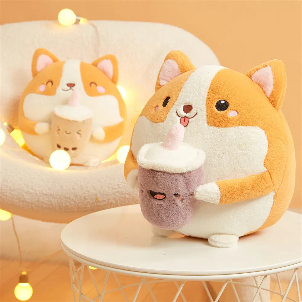 Cute plush kawaii toy of a corgi with a small creature on a white surface with a warm background.