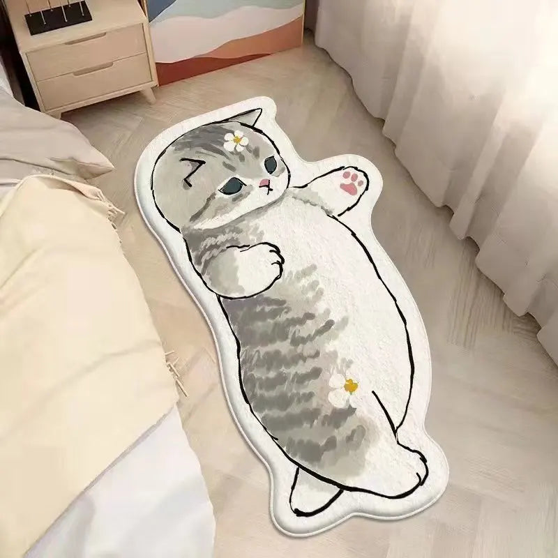 Cartoon kawaii cat-shaped rug on a bed