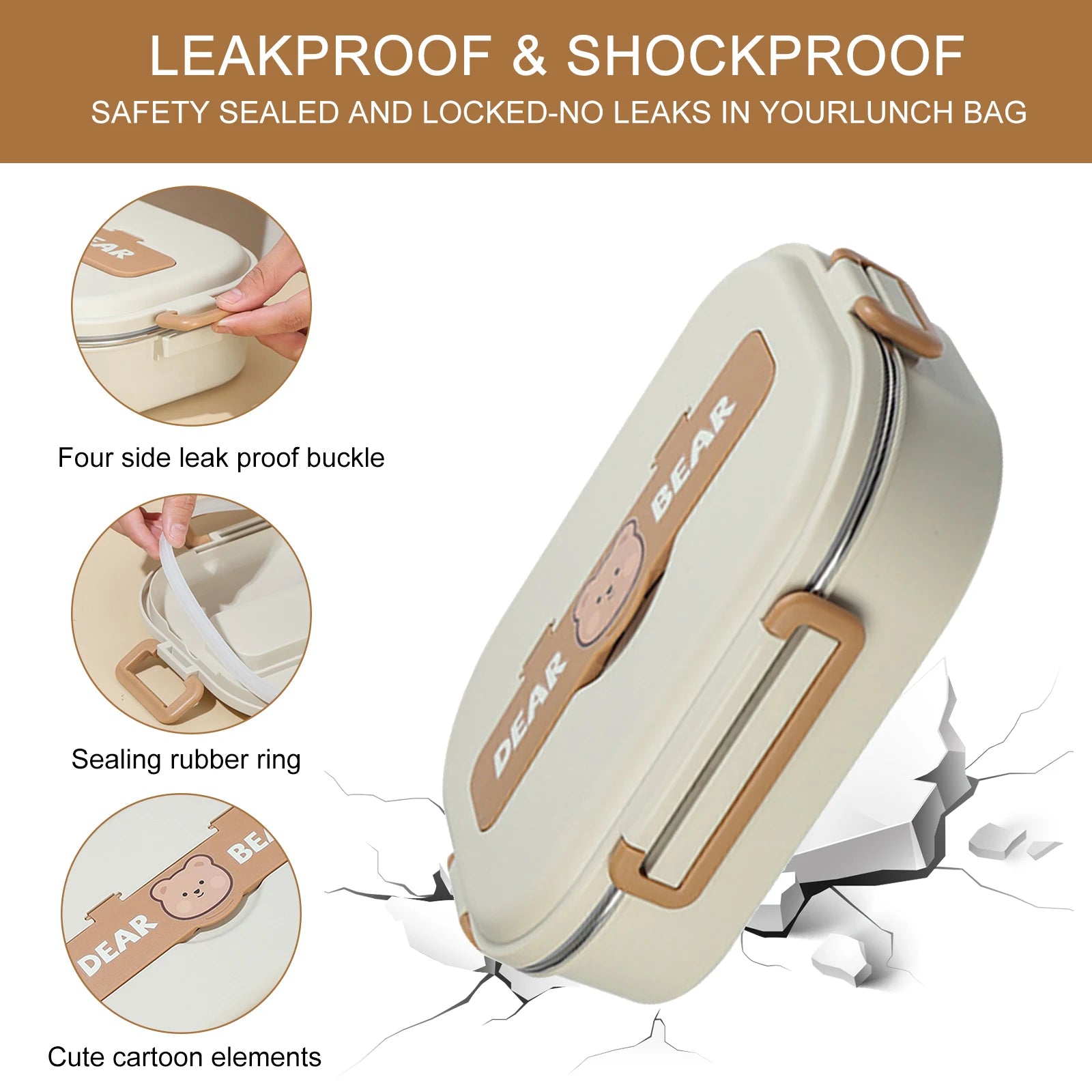 Lunch bag with leakproof and shockproof features, showing buckle, rubber ring, and kawaii cartoon elements.