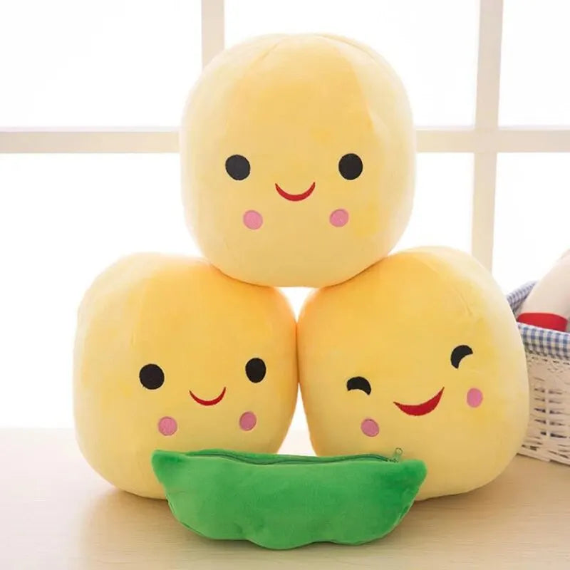 Three kawaii plush toys shaped like dumplings with smiling faces on a light background