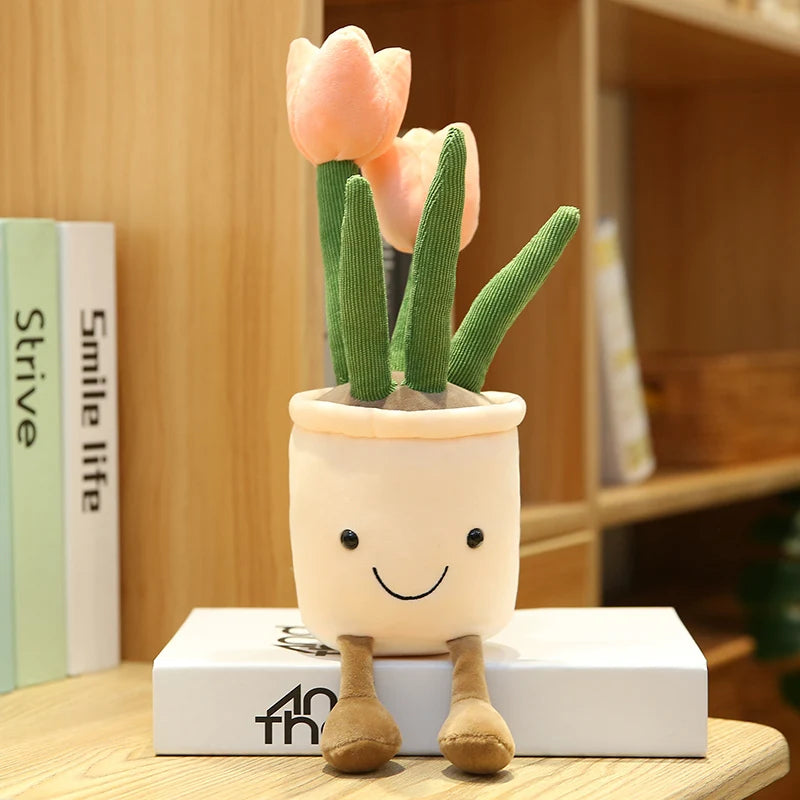Plush kawaii toy flower pot with a smiling face on a wooden surface