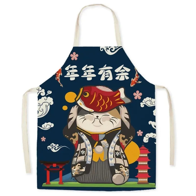 Apron with a Kawaii cartoon cat and fish design on a blue background