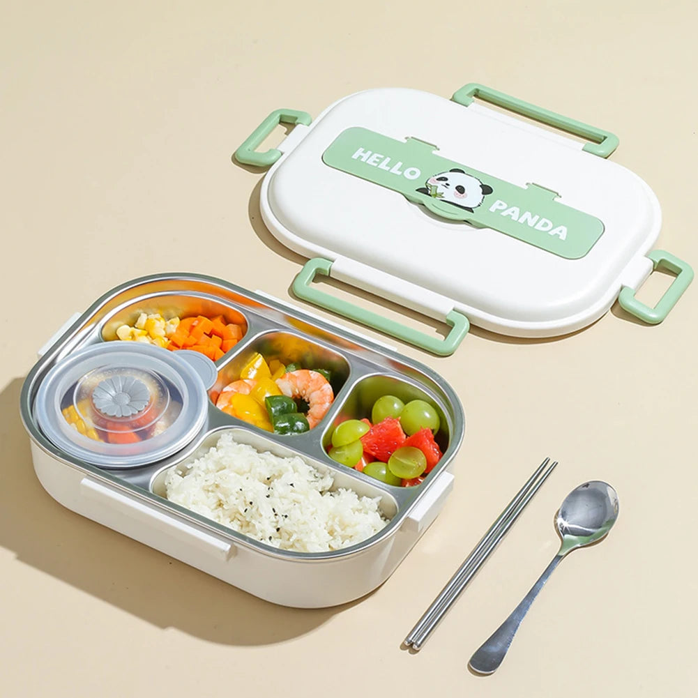 Kawaii bento box with compartments of food, including rice, vegetables, and fruits, on a beige background.
