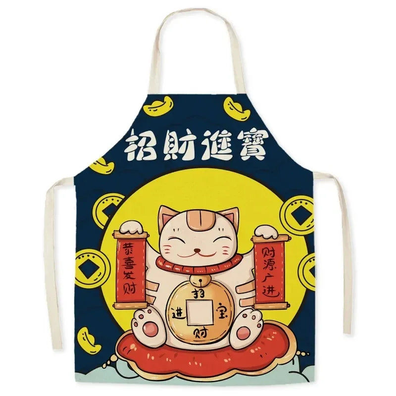 Apron with a Kawaii cartoon cat design and Chinese text on a blue background