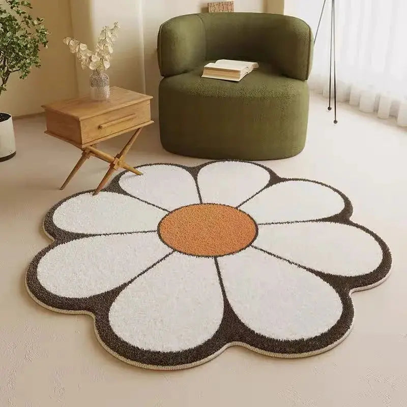 Flower-shaped kawaii rug in a room with a green chair and wooden side table.