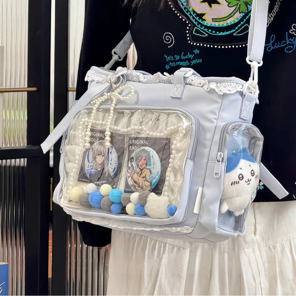 Clear backpack with various items including figurines and a Kawaii plush toy, worn by a person.